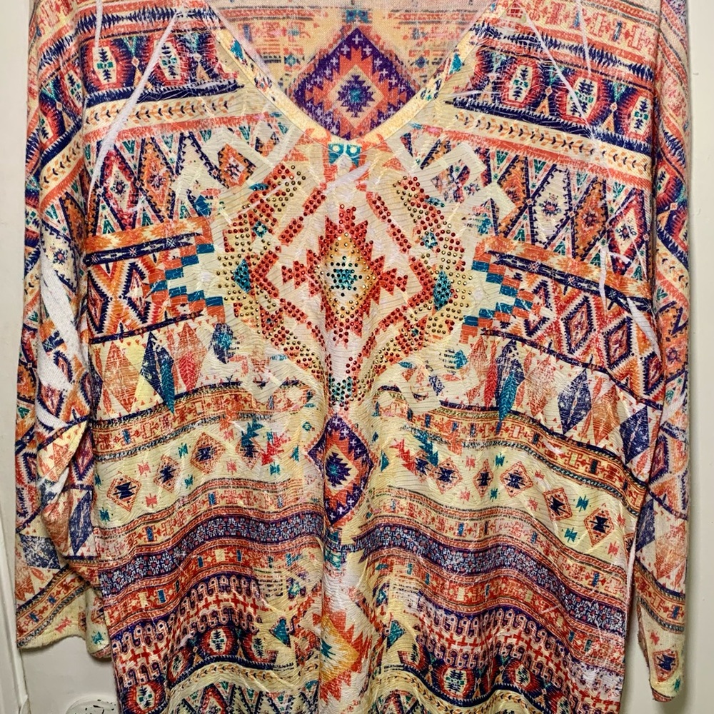 Reba Women’s Size Large 3/4 Sleeve Soft V Neck Top Orange Teal Rhinestones